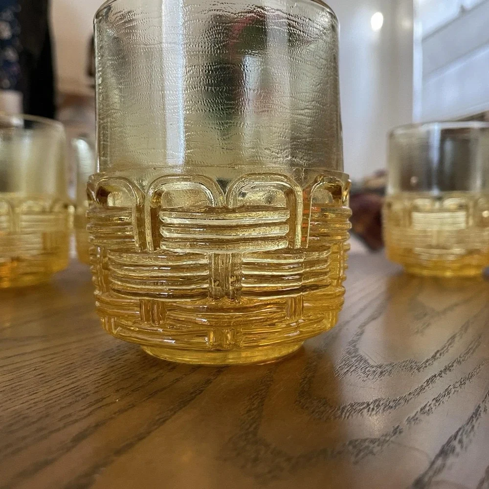 Vintage LE Smith Glass Amber Yellow Wicker Basket Set of 8 Old Fashioned Glasses